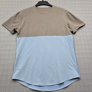 BYLT Shirt Womens Large Blue Tan Colorblock Crew Neck Short Sleeve Curved Hem